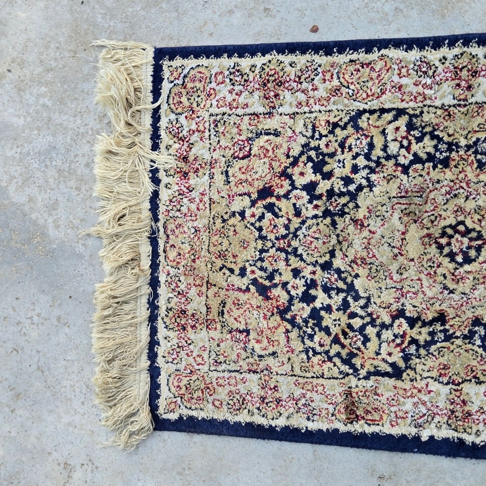 Vintage Navy Blue Medallion Accent Rug Ivory Cream Fringe Traditional Floral 2x3 - Picture 8 of 8